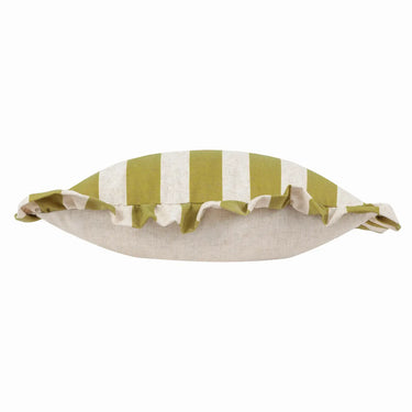 Linen Look Stripe Ruffle Cushion in Olive Green